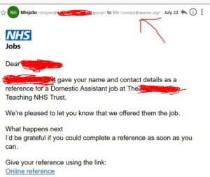 NHS Jobs reference request sent to Akanne Care, with names hidden